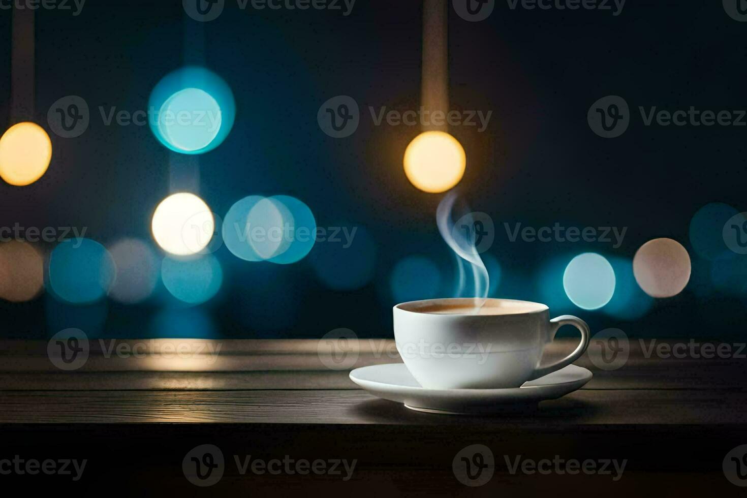 a cup of coffee on a wooden table with blurred lights. AI-Generated photo