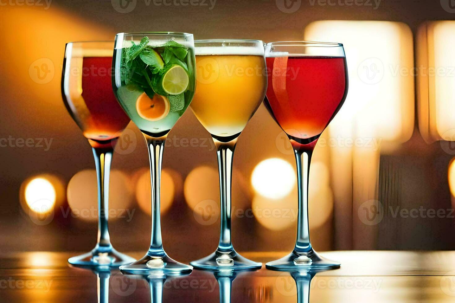 four glasses of different colored drinks on a table. AI-Generated photo