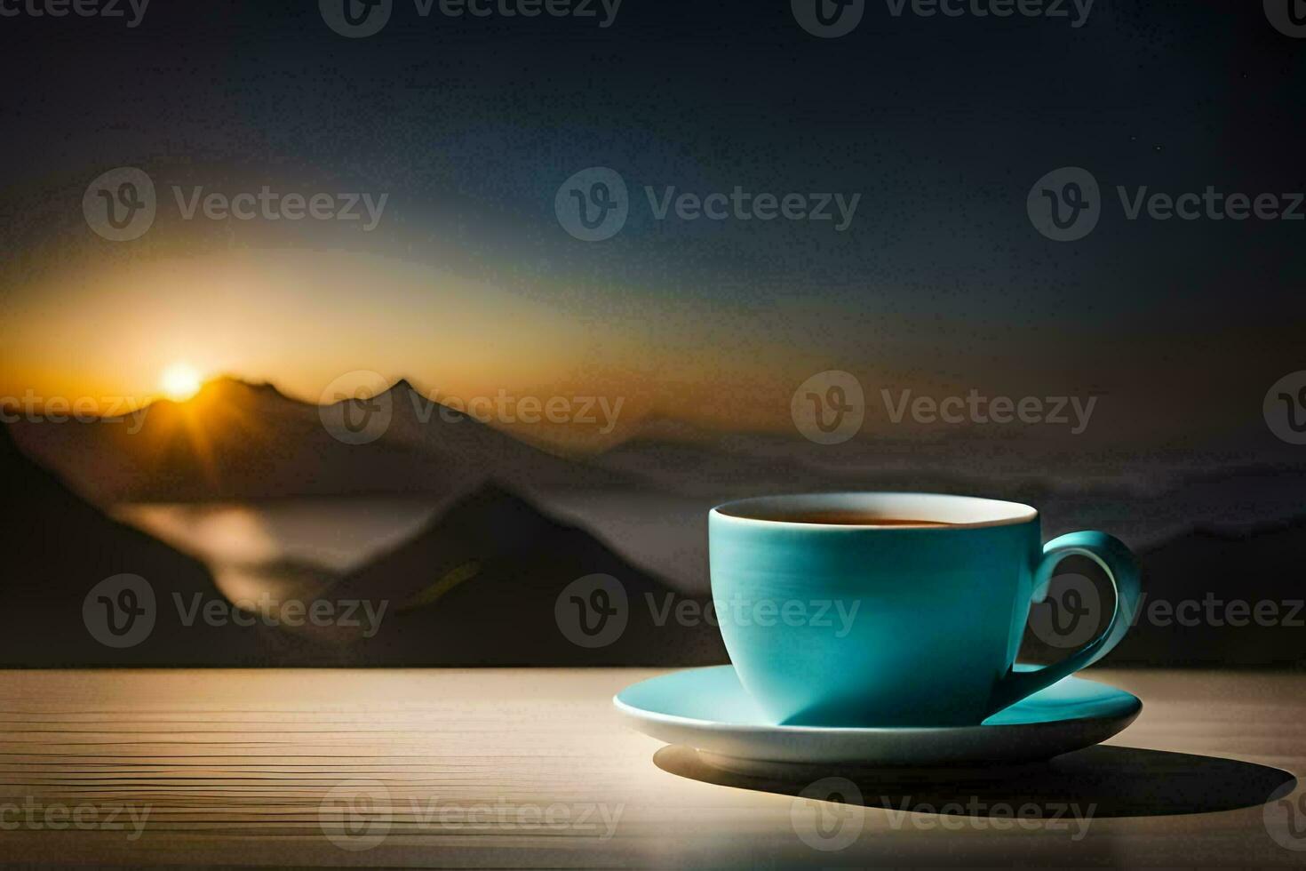 a cup of coffee on a table in front of a mountain view. AI-Generated photo