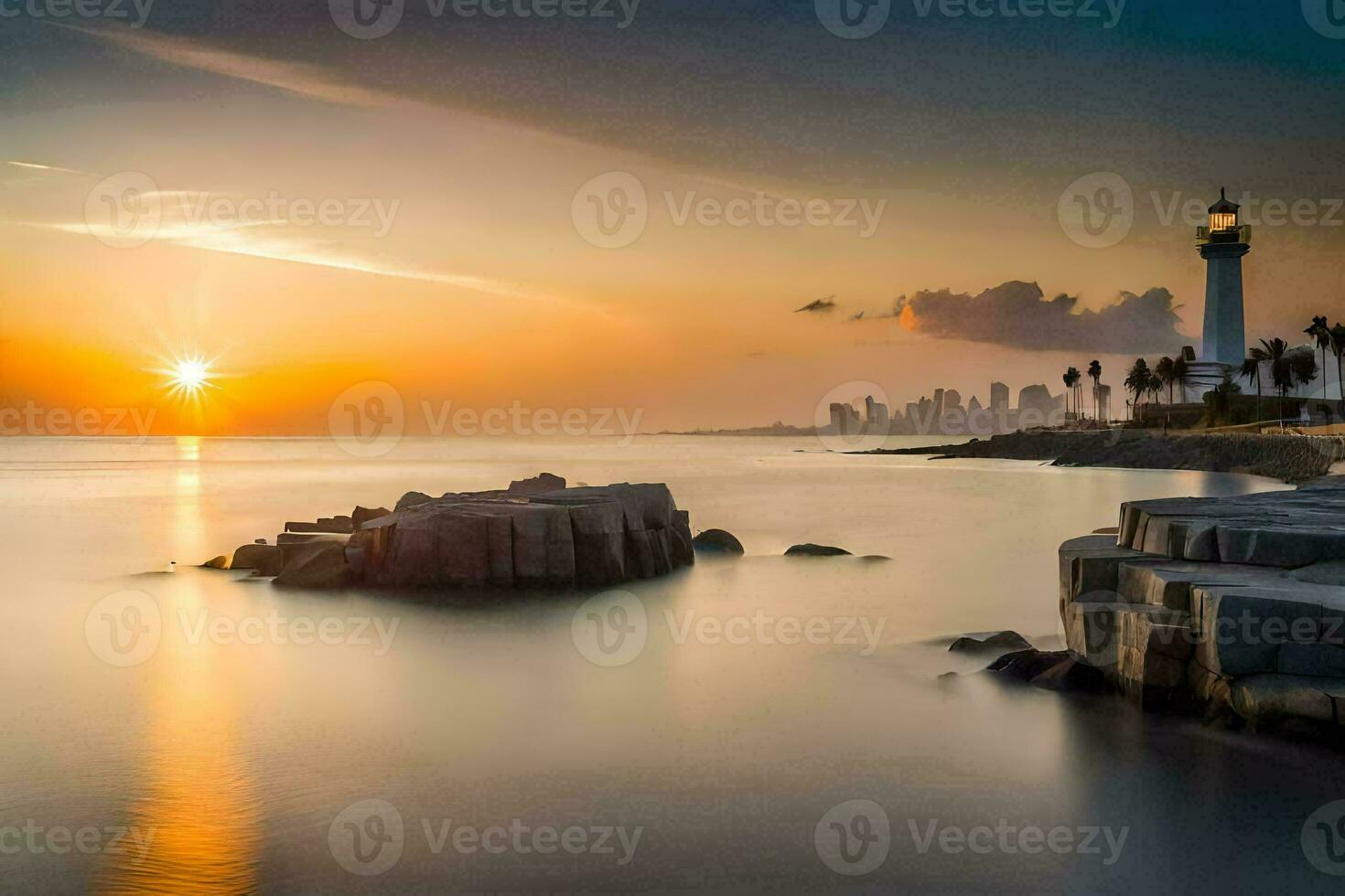 the sun sets over the ocean and a lighthouse. AI-Generated photo