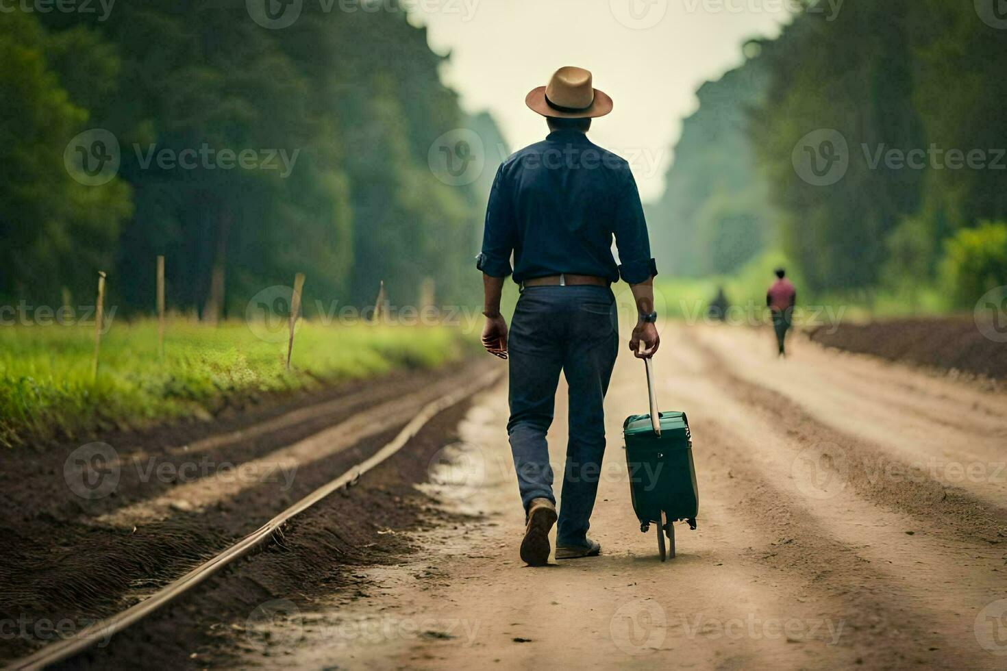 a man with a hat and a suitcase walking down a dirt road. AI-Generated photo
