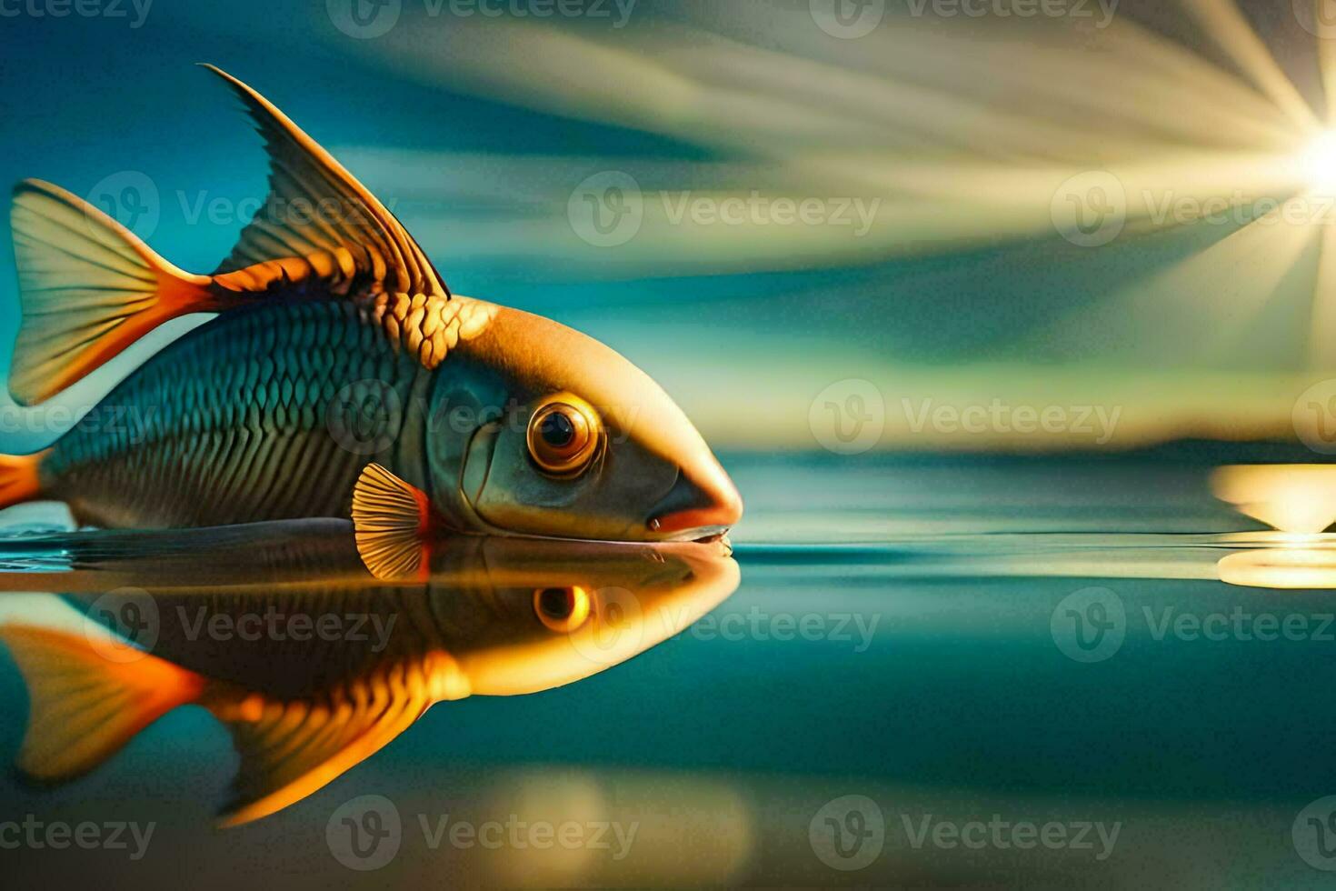 a fish is reflected in the water at sunset. AI-Generated photo