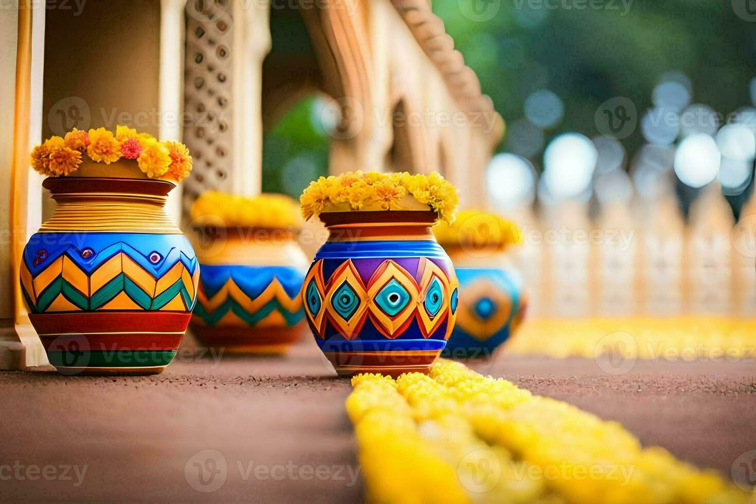colorful vases with yellow flowers on the ground. AI-Generated photo