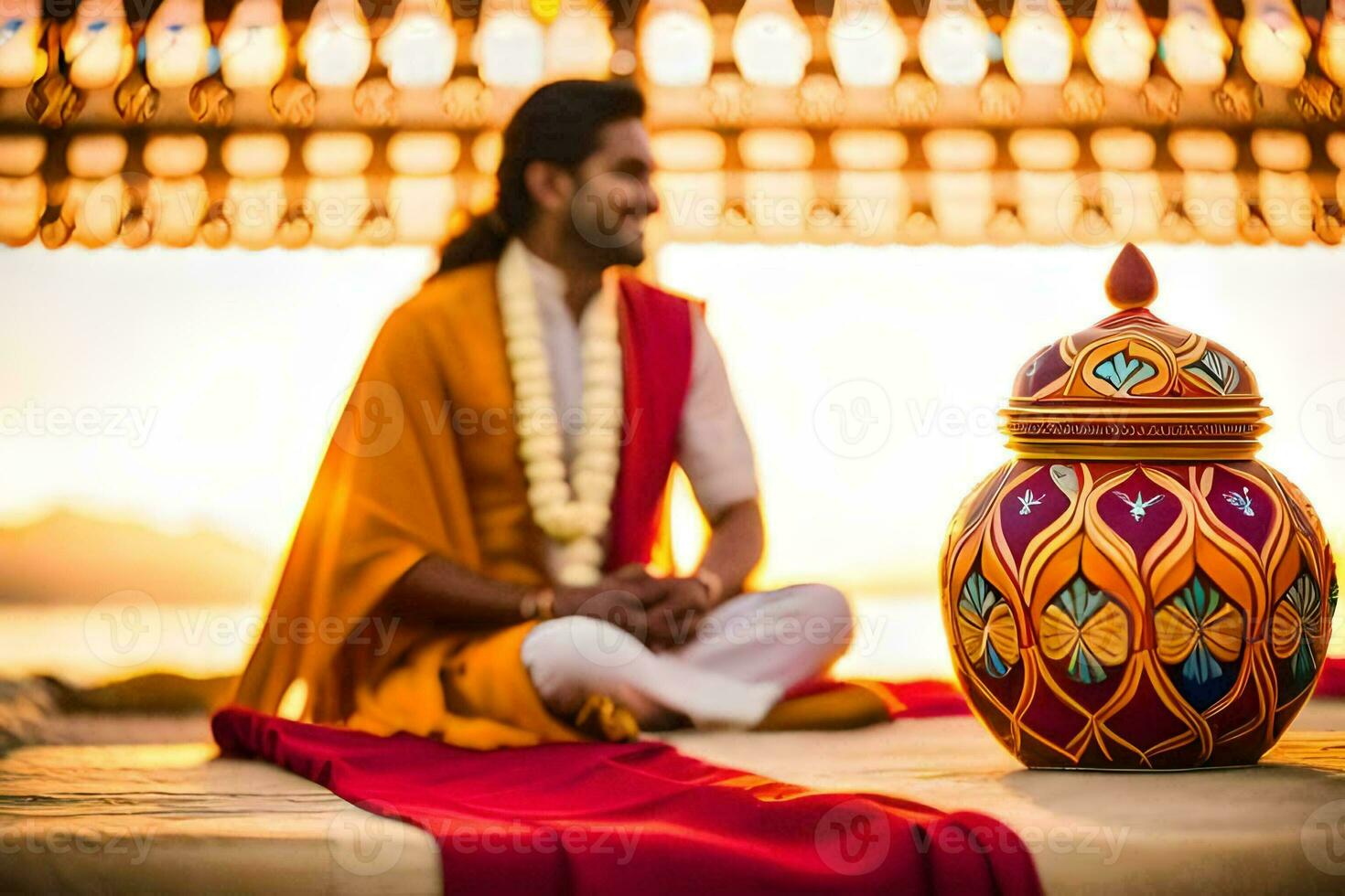 a man in indian attire sitting next to a pot. AI-Generated photo