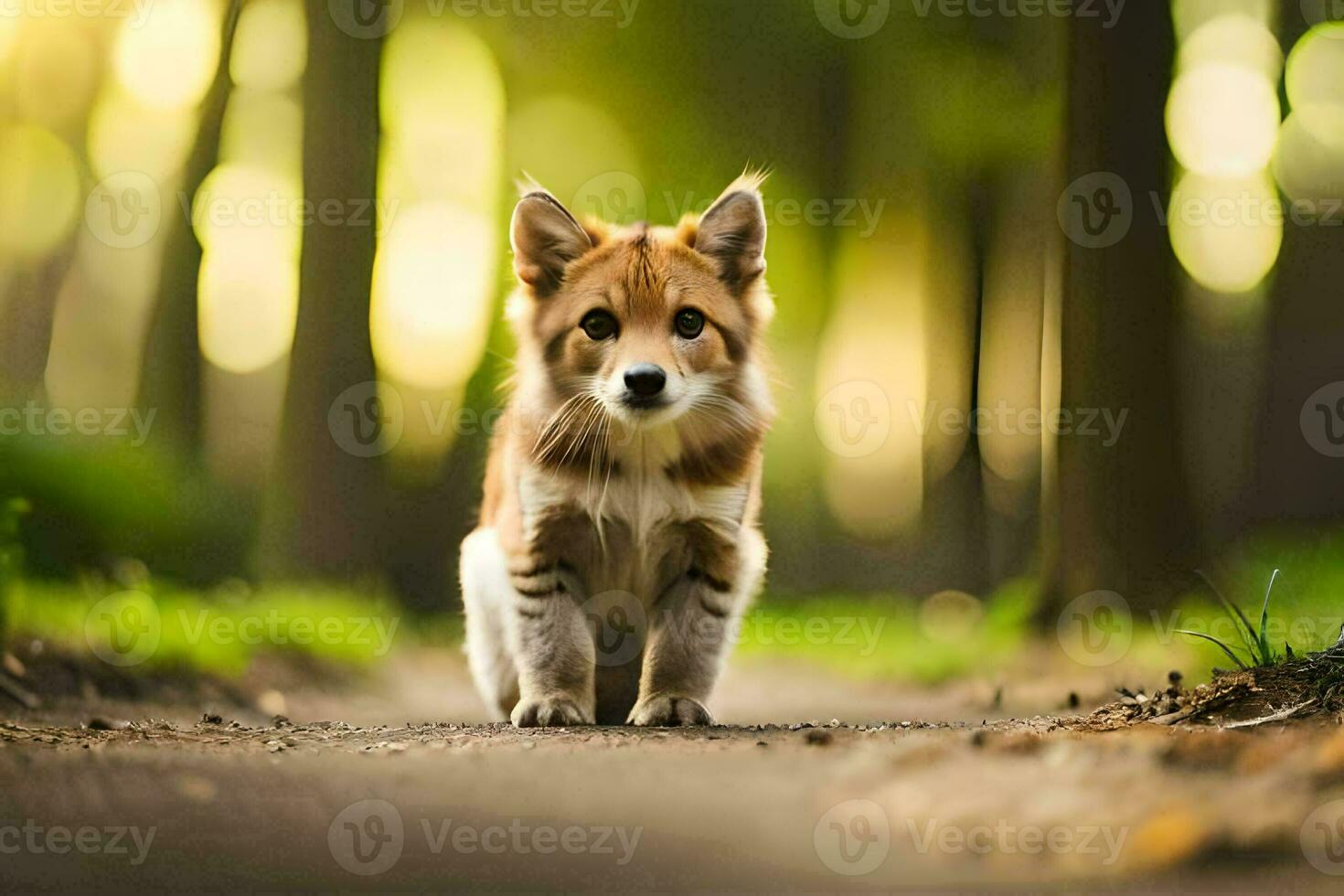 a small brown and white dog is walking on a path. AI-Generated photo