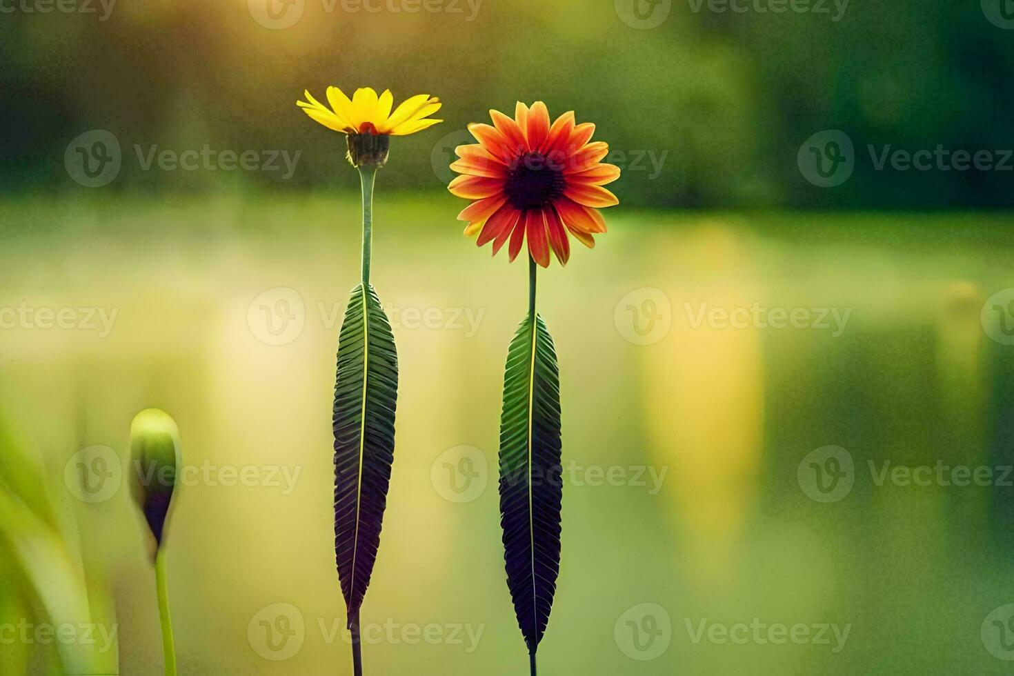 two flowers are standing in front of a lake. AI-Generated photo