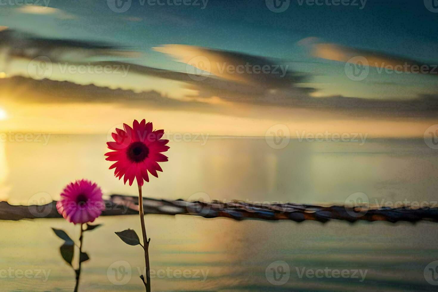 two flowers are standing in front of the ocean at sunset. AI-Generated photo
