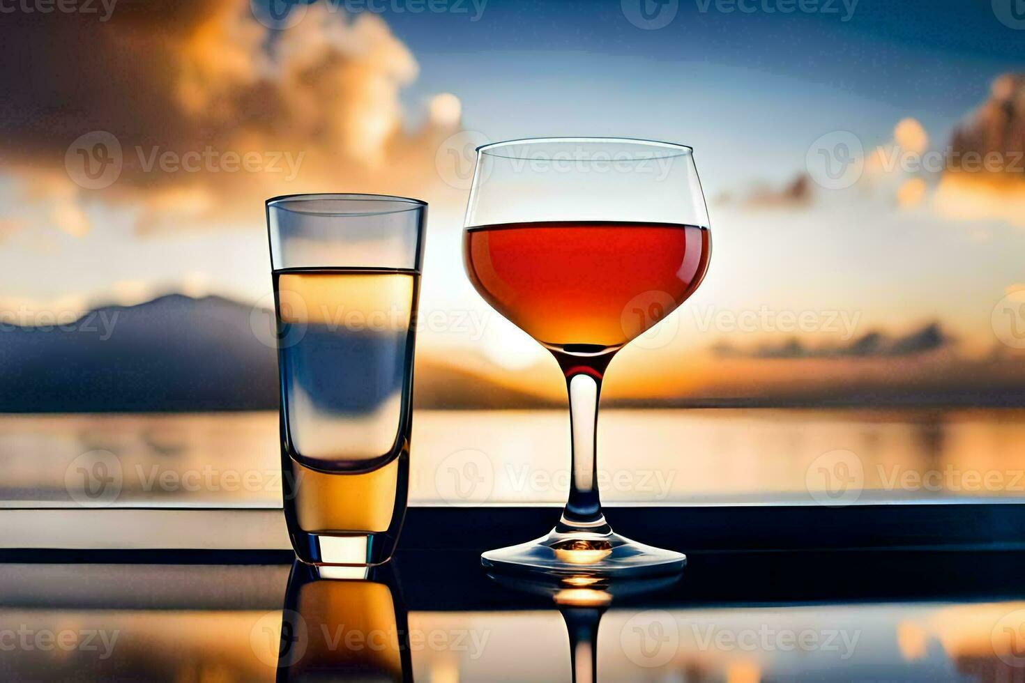 two glasses of wine on a table with a sunset in the background. AI-Generated photo