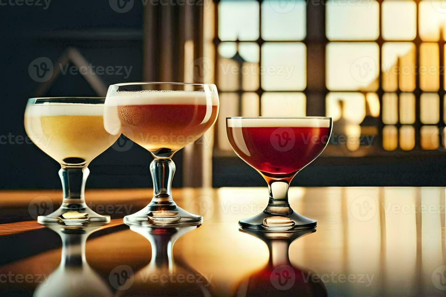 three different types of drinks are lined up on a table. AI-Generated photo