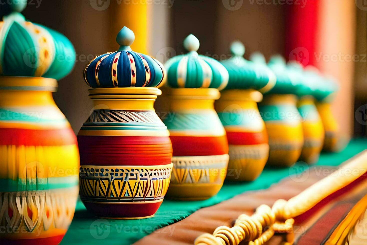 colorful vases lined up on a table. AI-Generated photo