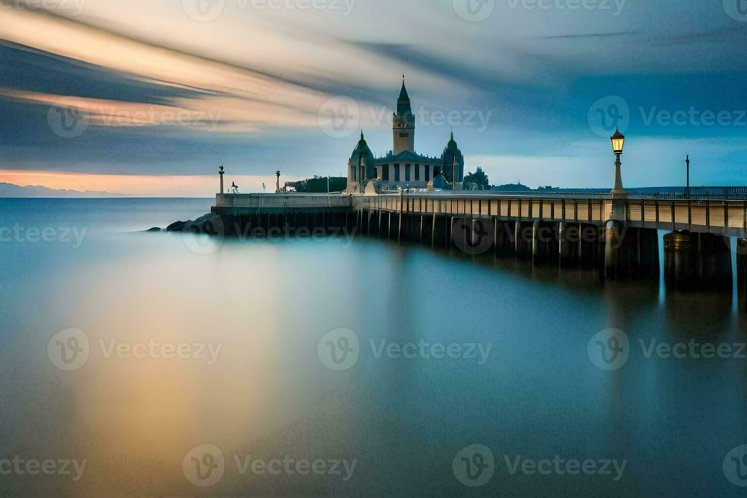 a long exposure photo of a church on a pier. AI-Generated