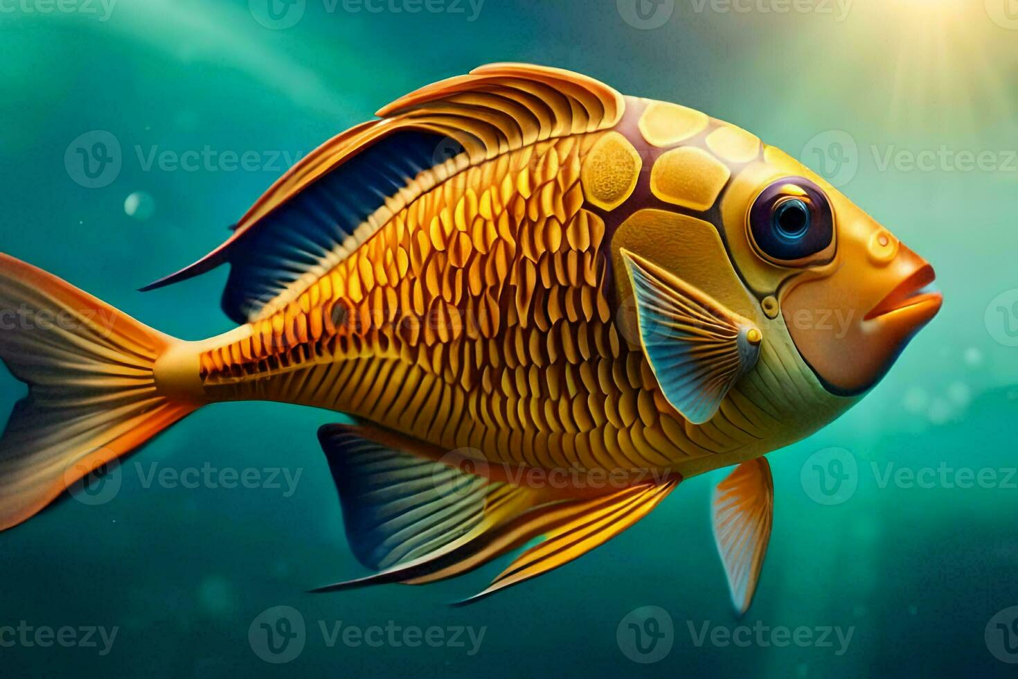 a fish in the ocean with a sun in the background. AI-Generated photo