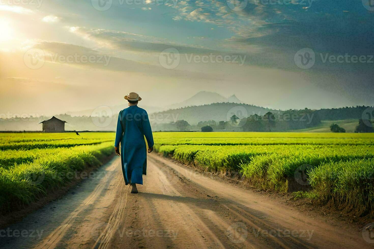 a man in a blue dress walks down a dirt road in a field. AI-Generated photo