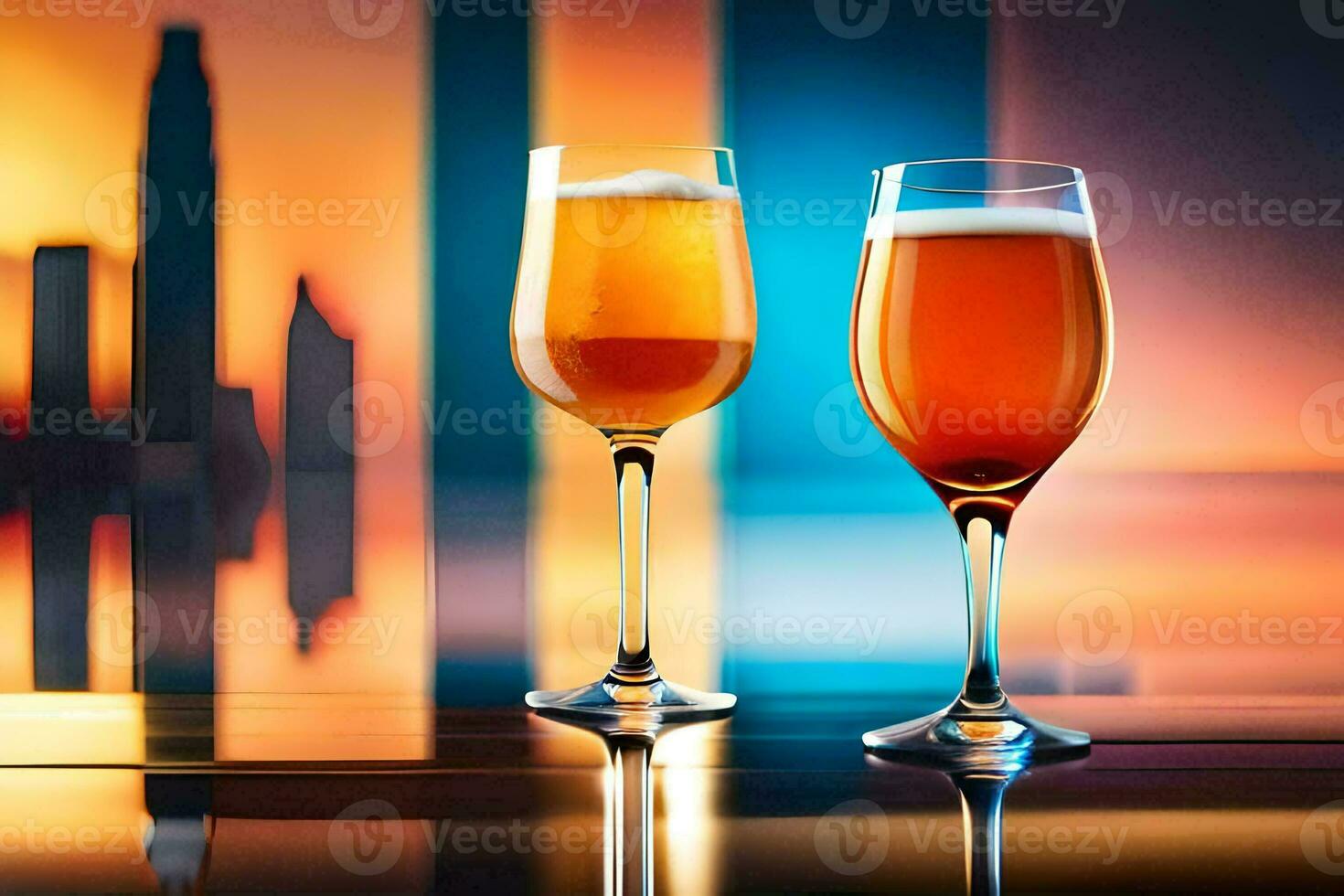 two glasses of beer on a table in front of a city skyline. AI-Generated photo