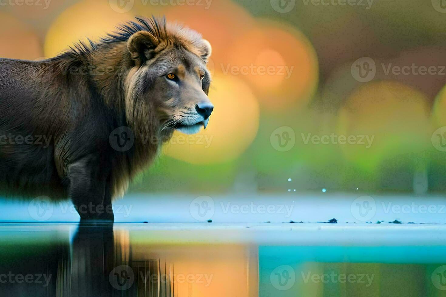 a lion standing in the water with a blurry background. AI-Generated photo