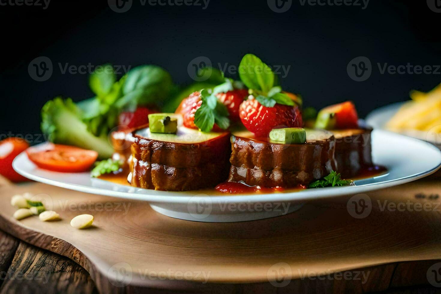a plate with a strawberry and avocado dessert. AI-Generated photo