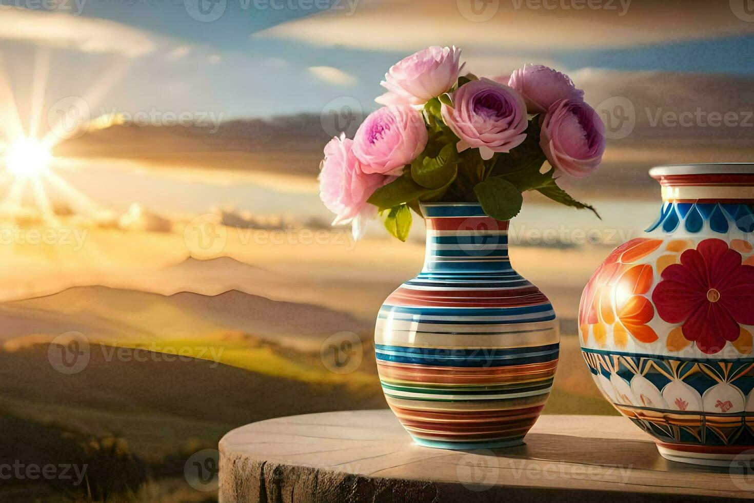 two colorful vases with flowers on a table with mountains in the background. AI-Generated photo