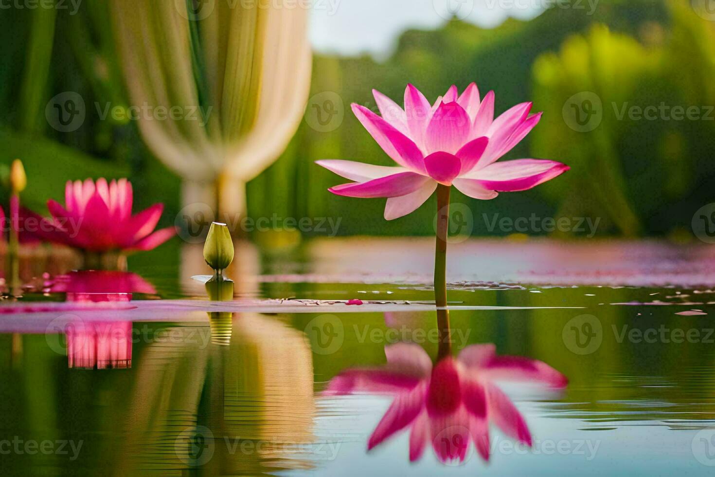 pink lotus flower in water with reflection. AI-Generated photo