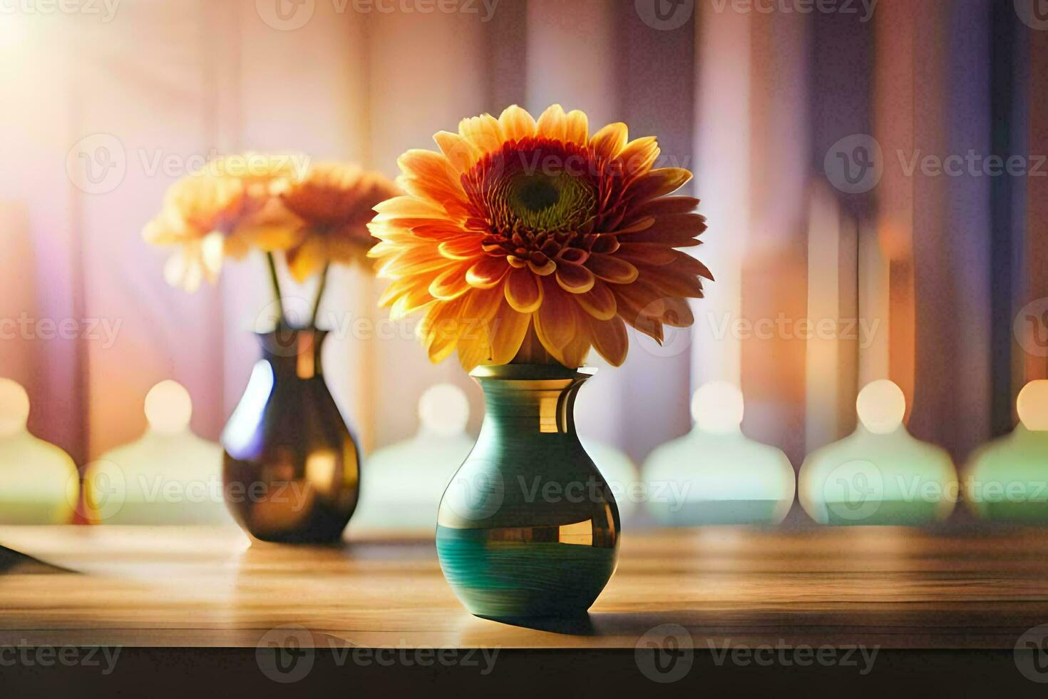 two orange flowers in vases on a table. AI-Generated photo