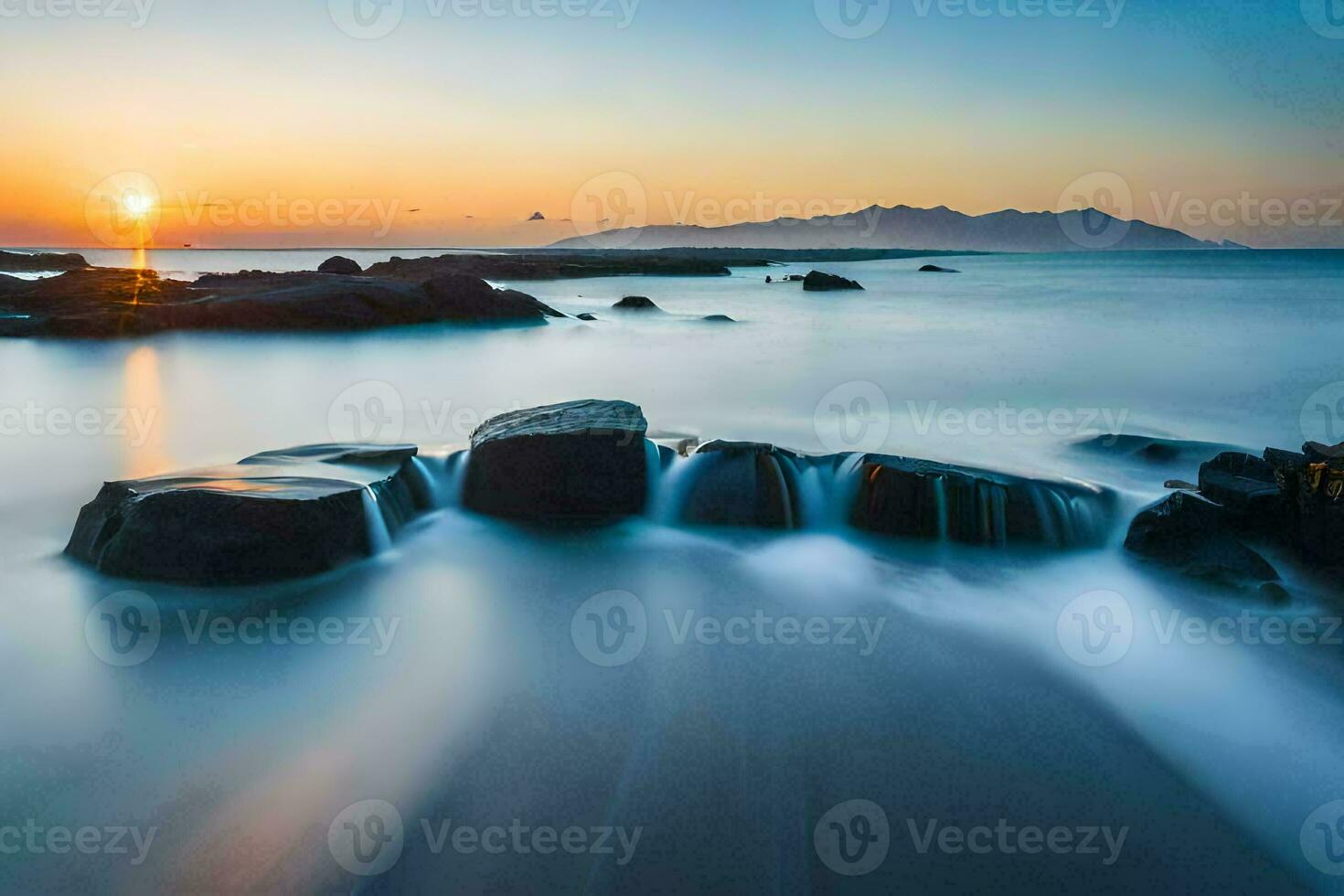 a long exposure photograph of rocks in the ocean at sunset. AI-Generated photo
