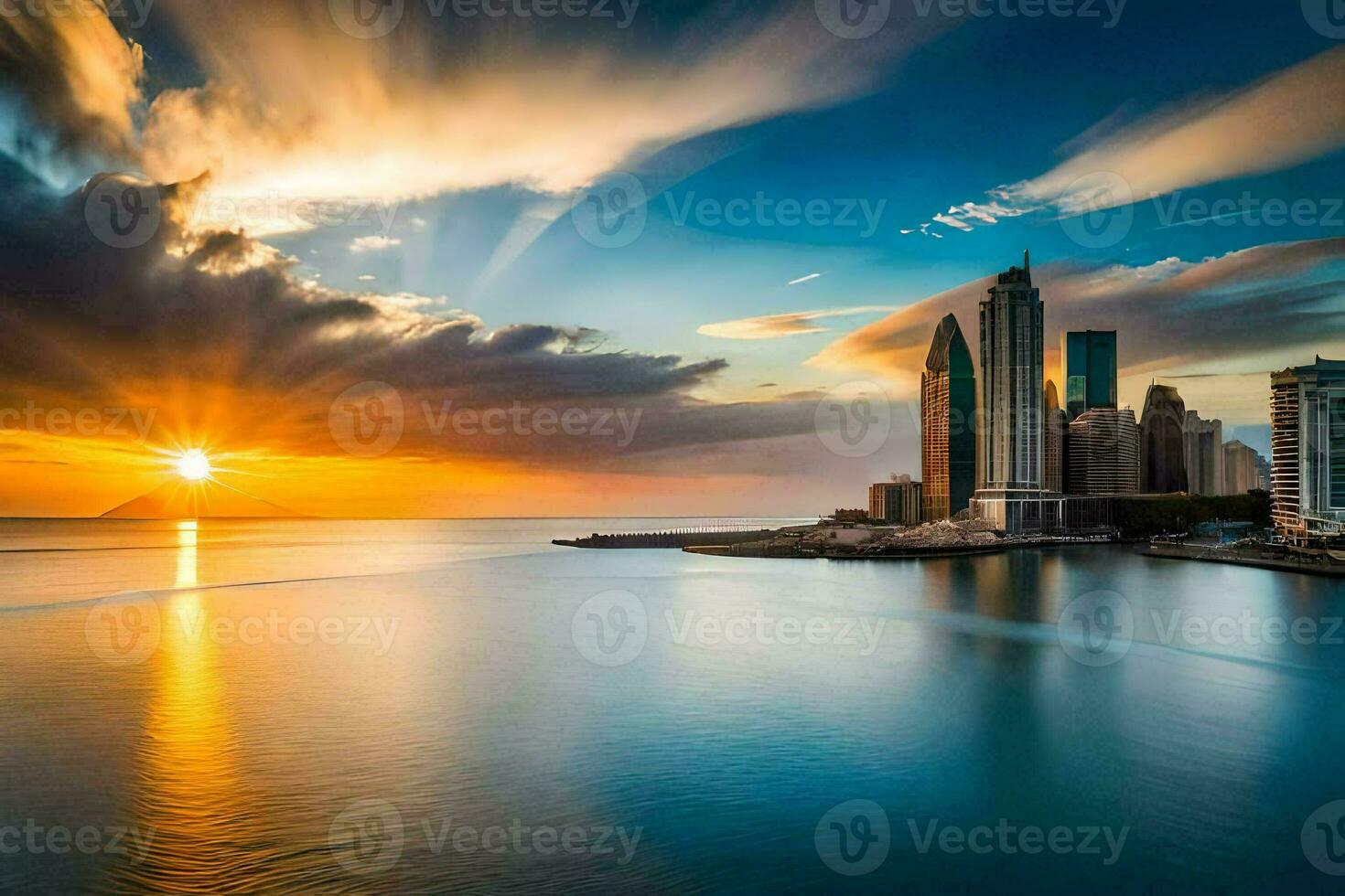 the sun sets over a city skyline in the middle of the ocean. AI-Generated photo