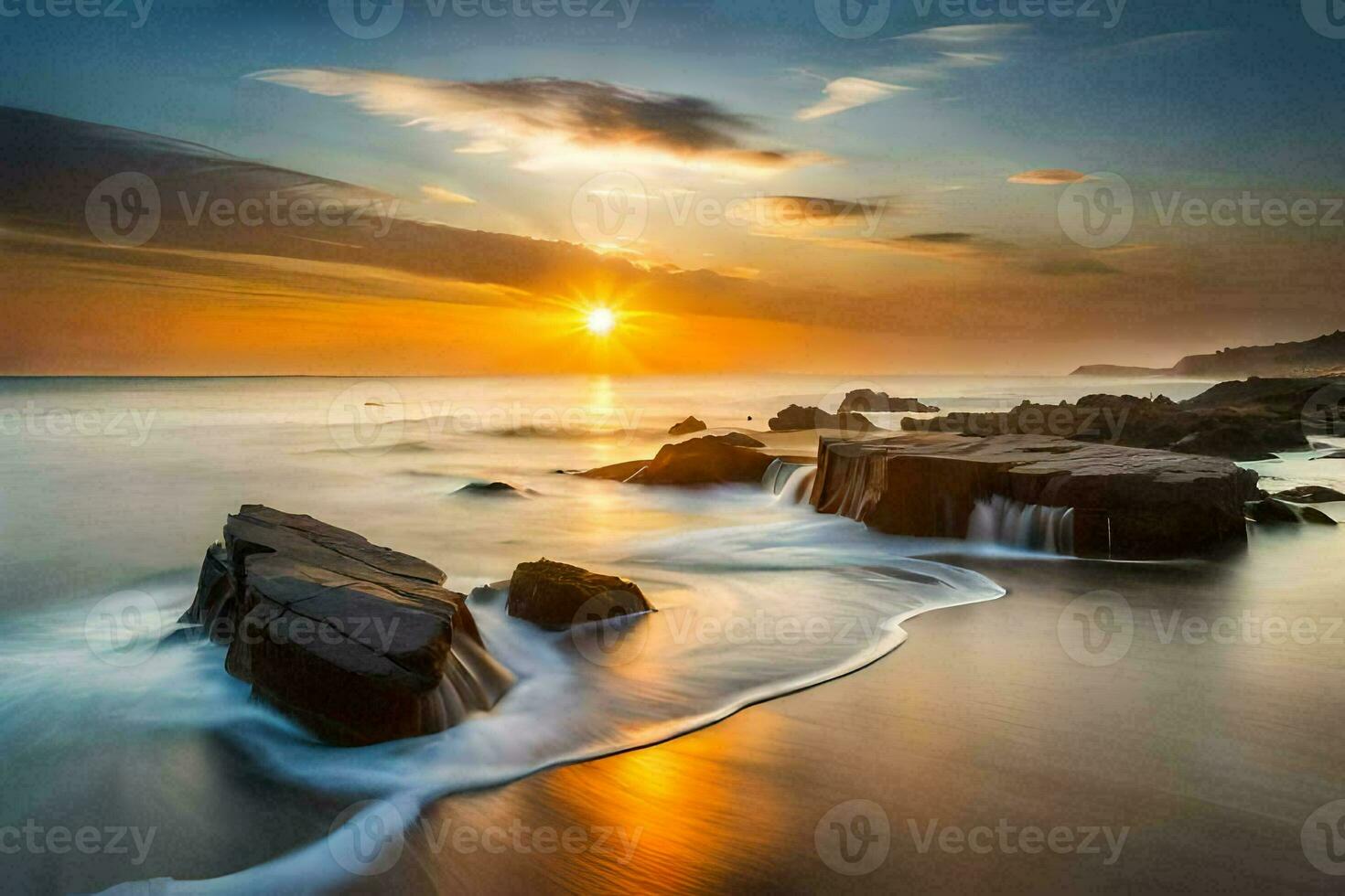 the sun sets over the ocean in this long exposure photograph. AI-Generated photo