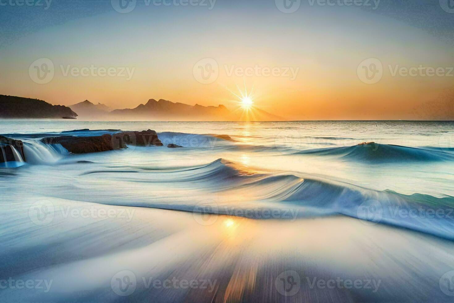 the sun rises over the ocean and waves. AI-Generated photo