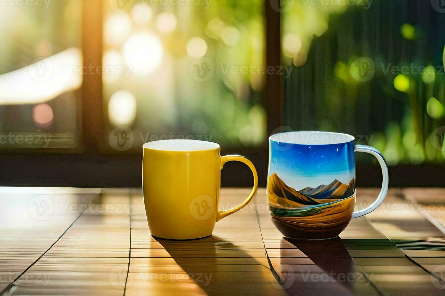 two coffee mugs sitting on a table with a window in the background. AI-Generated photo
