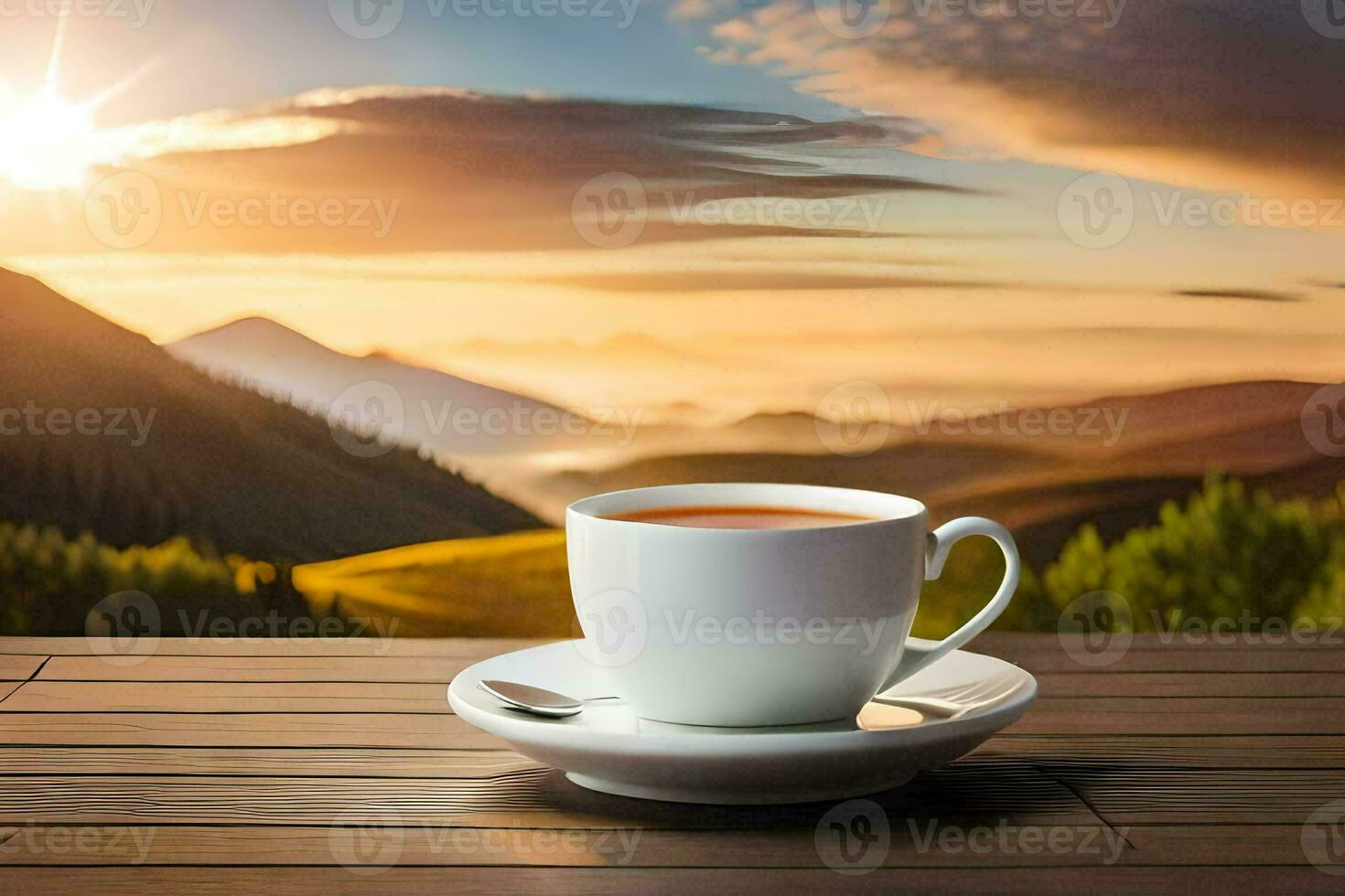 a cup of tea on a wooden table in the mountains. AI-Generated photo
