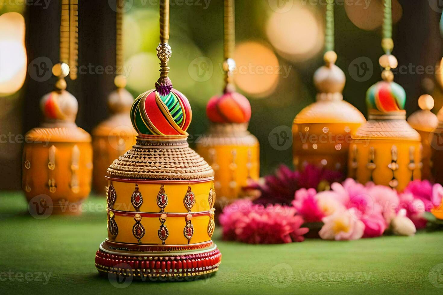 many colorful and decorated lamps on a table. AI-Generated photo