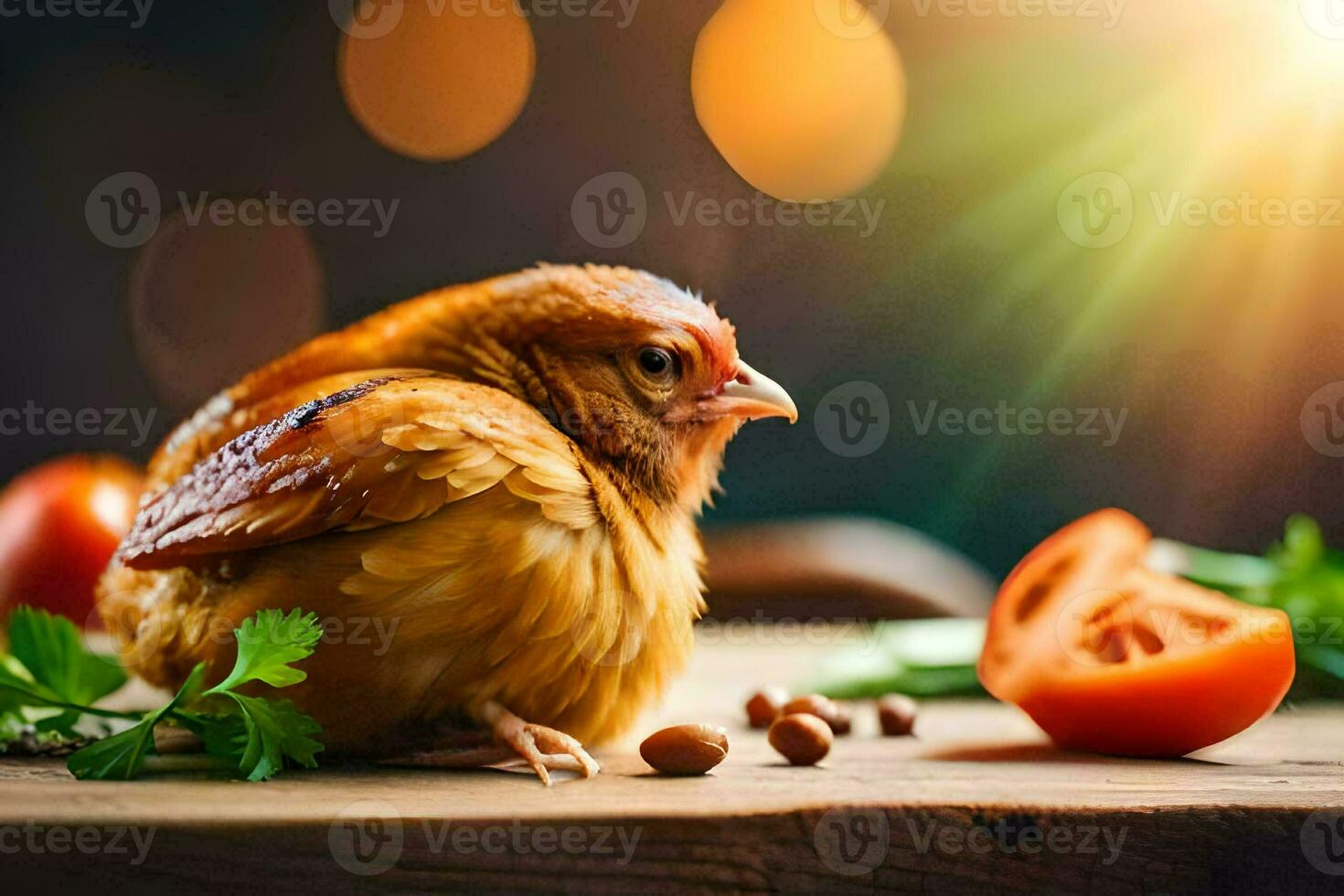 a chicken is sitting on a wooden table with tomatoes and herbs. AI-Generated photo