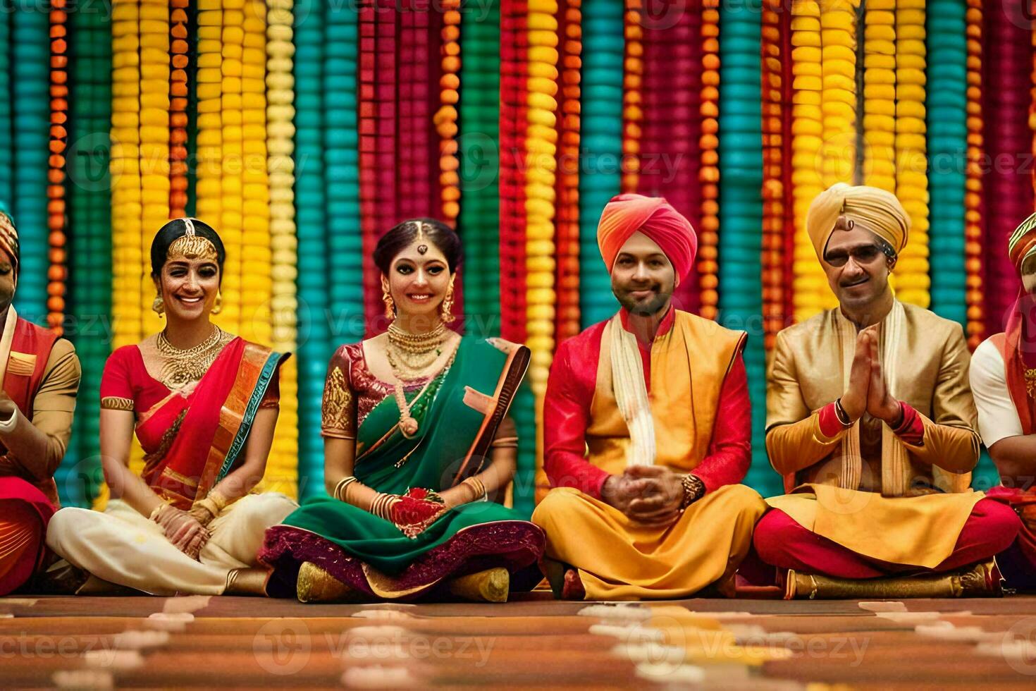 a group of indian wedding guests in colorful outfits. AI-Generated photo