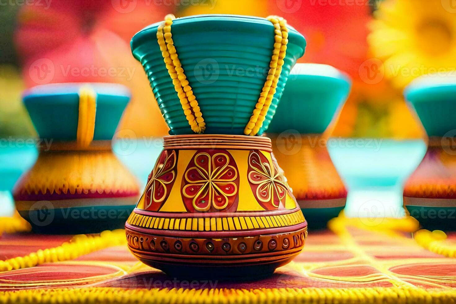 colorful vases on a colorful tablecloth. AI-Generated photo