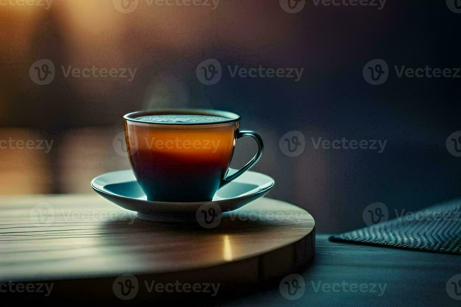 a cup of coffee on a wooden table. AI-Generated photo