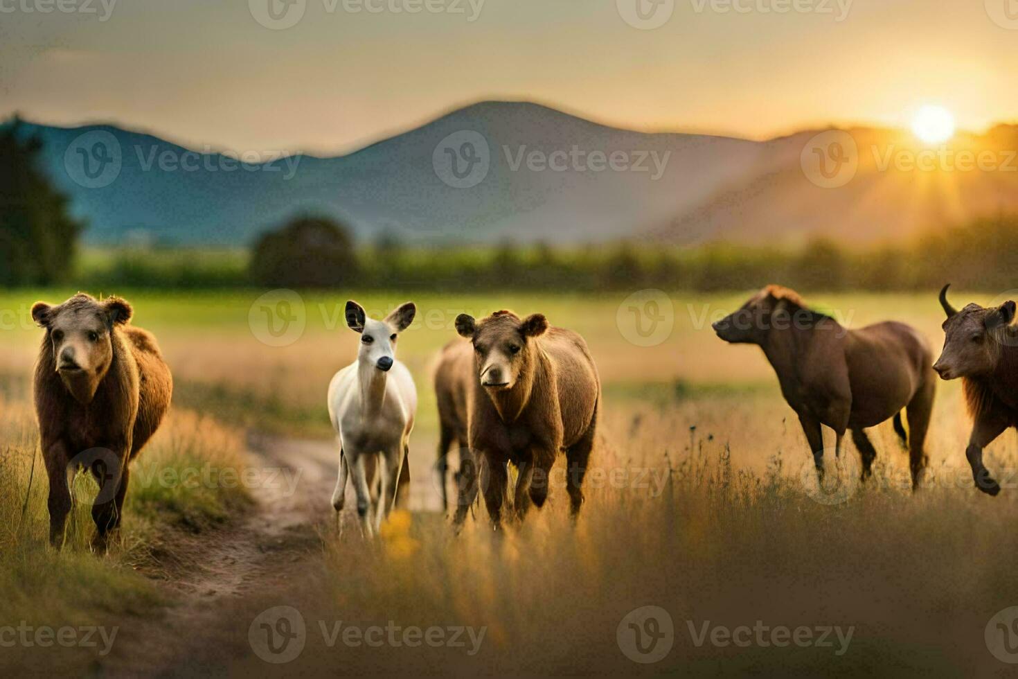 a herd of cattle walking on a dirt road. AI-Generated photo