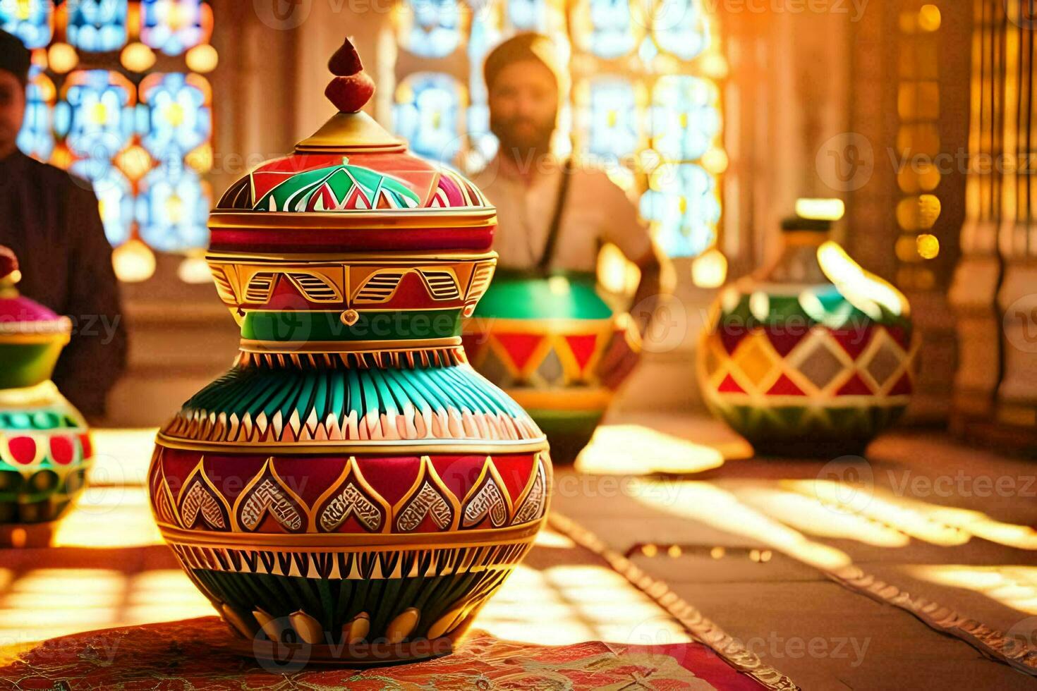 a group of colorful vases sitting on a rug. AI-Generated photo