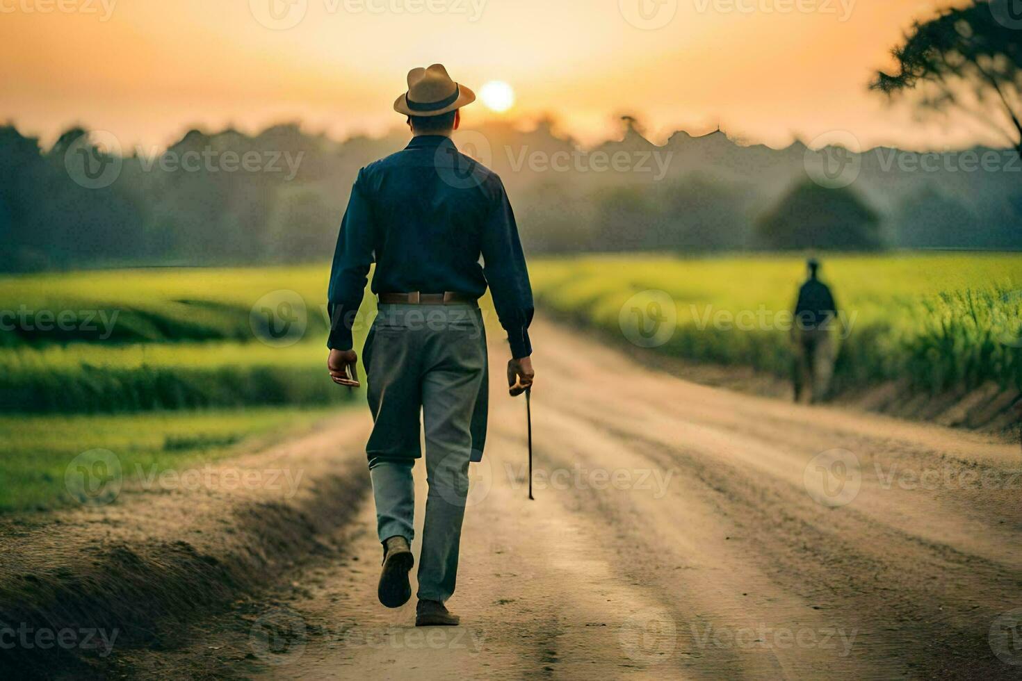 a man walking down a dirt road with a cane. AI-Generated photo
