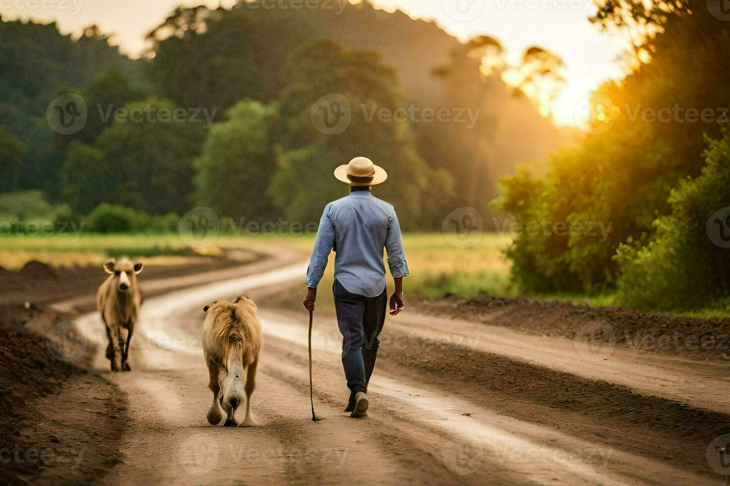 a man walking with his dogs on a dirt road. AI-Generated photo
