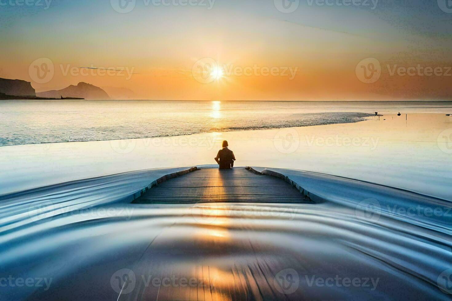 a person sitting on a dock at sunset. AI-Generated photo