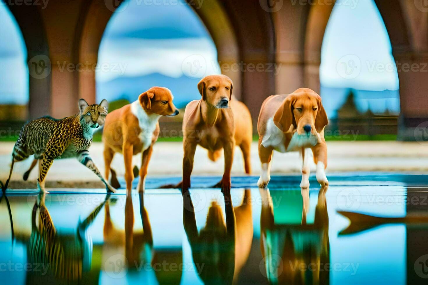 three dogs and a cat standing in water. AI-Generated photo