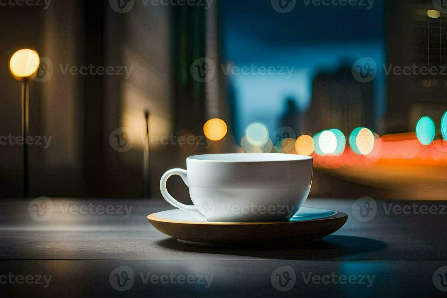 a cup of coffee on a table in front of a cityscape. AI-Generated photo