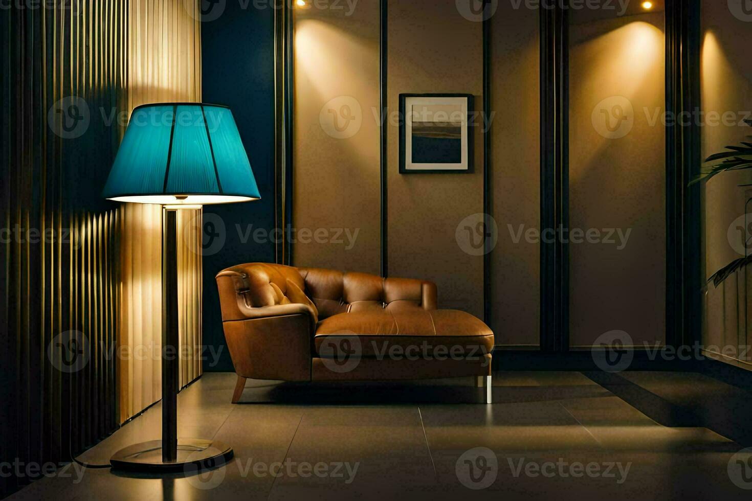 a room with a chair and lamp. AI-Generated photo