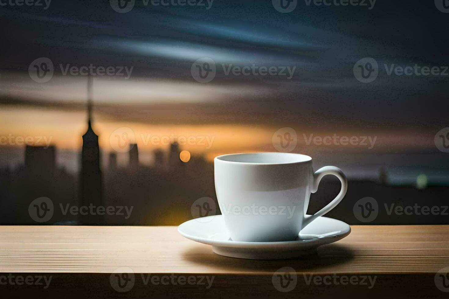 coffee cup on the table with city in the background. AI-Generated photo