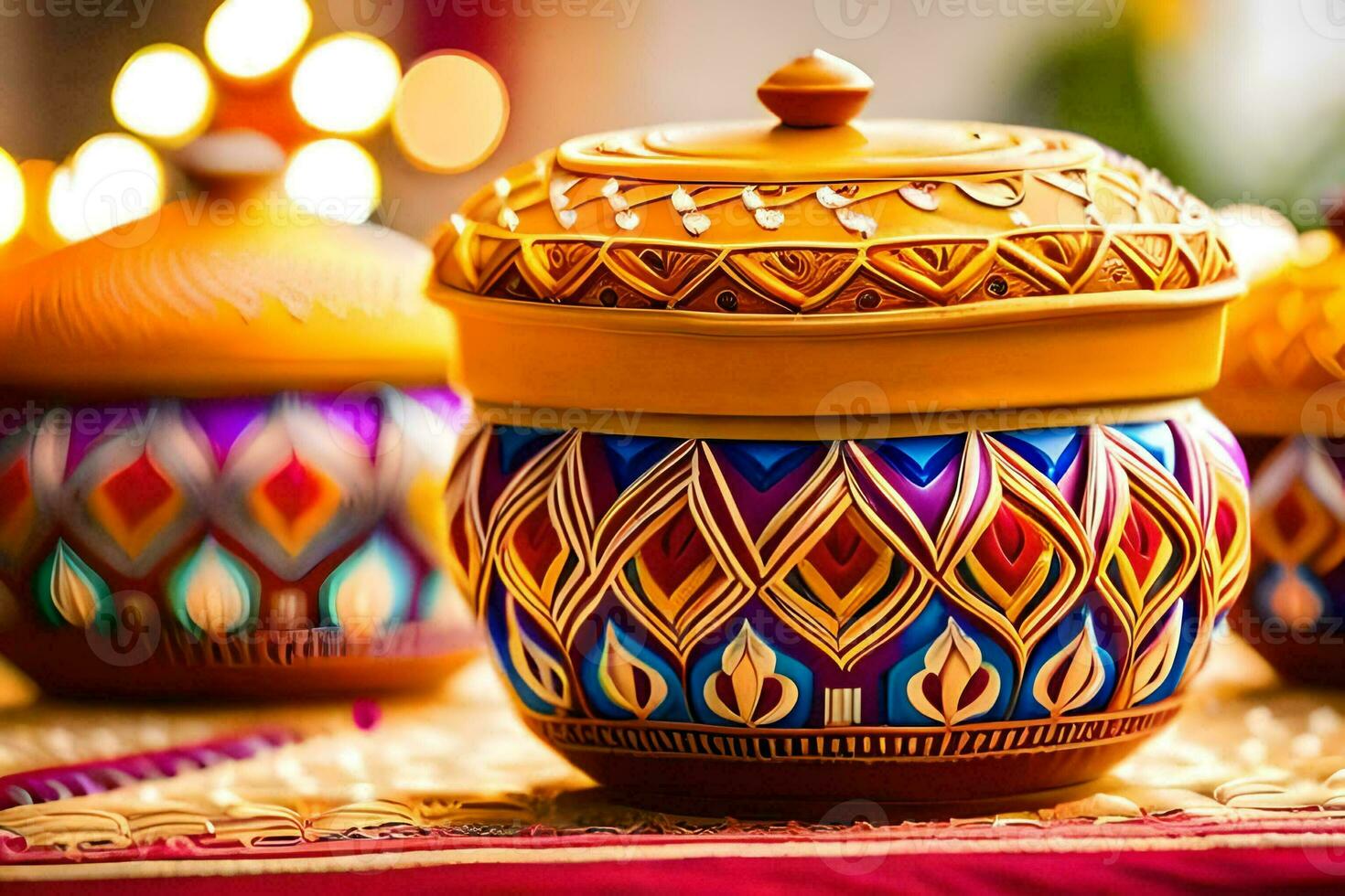 colorful diyas on a table with candles. AI-Generated photo