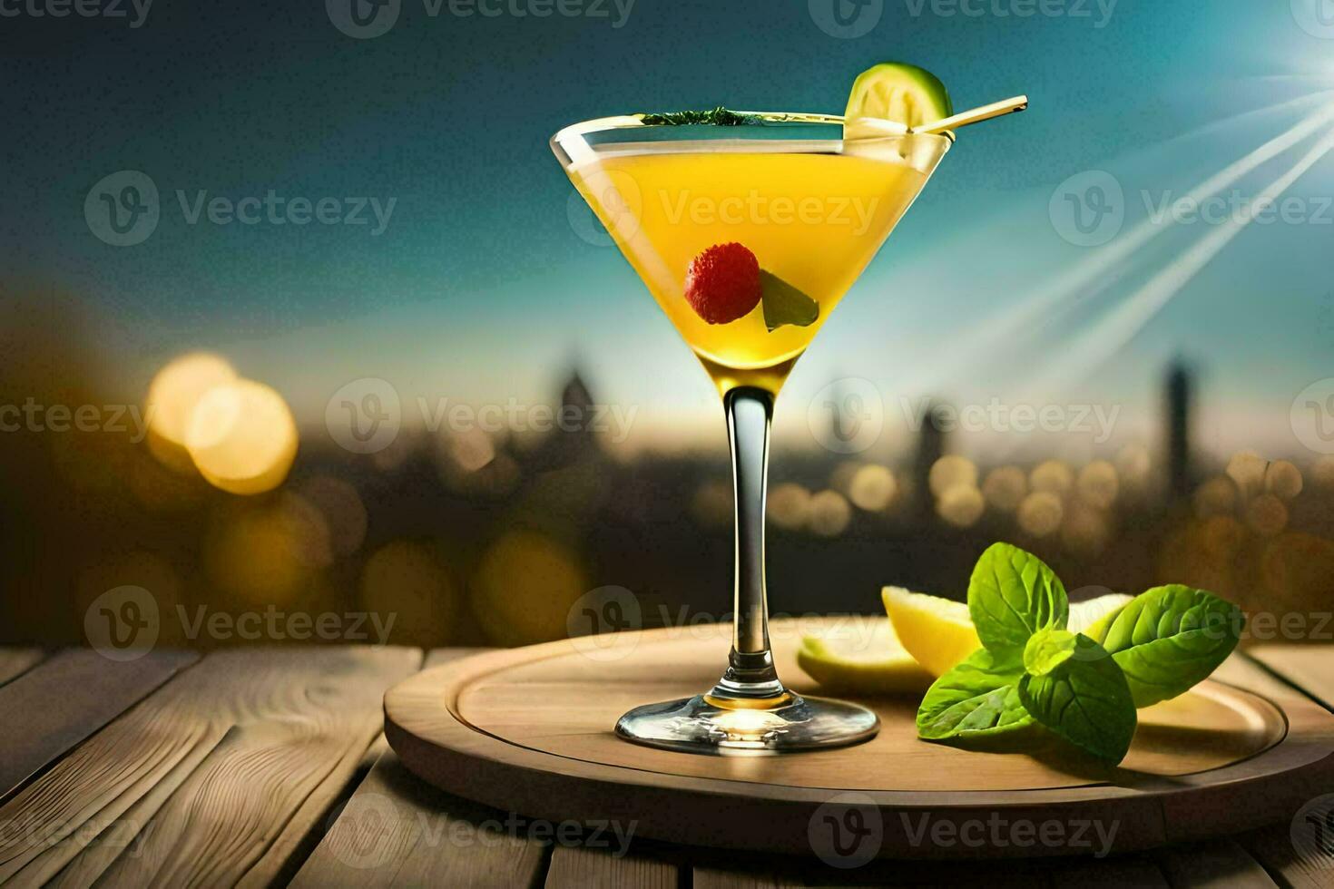 cocktail on a wooden table with city lights in the background. AI-Generated photo