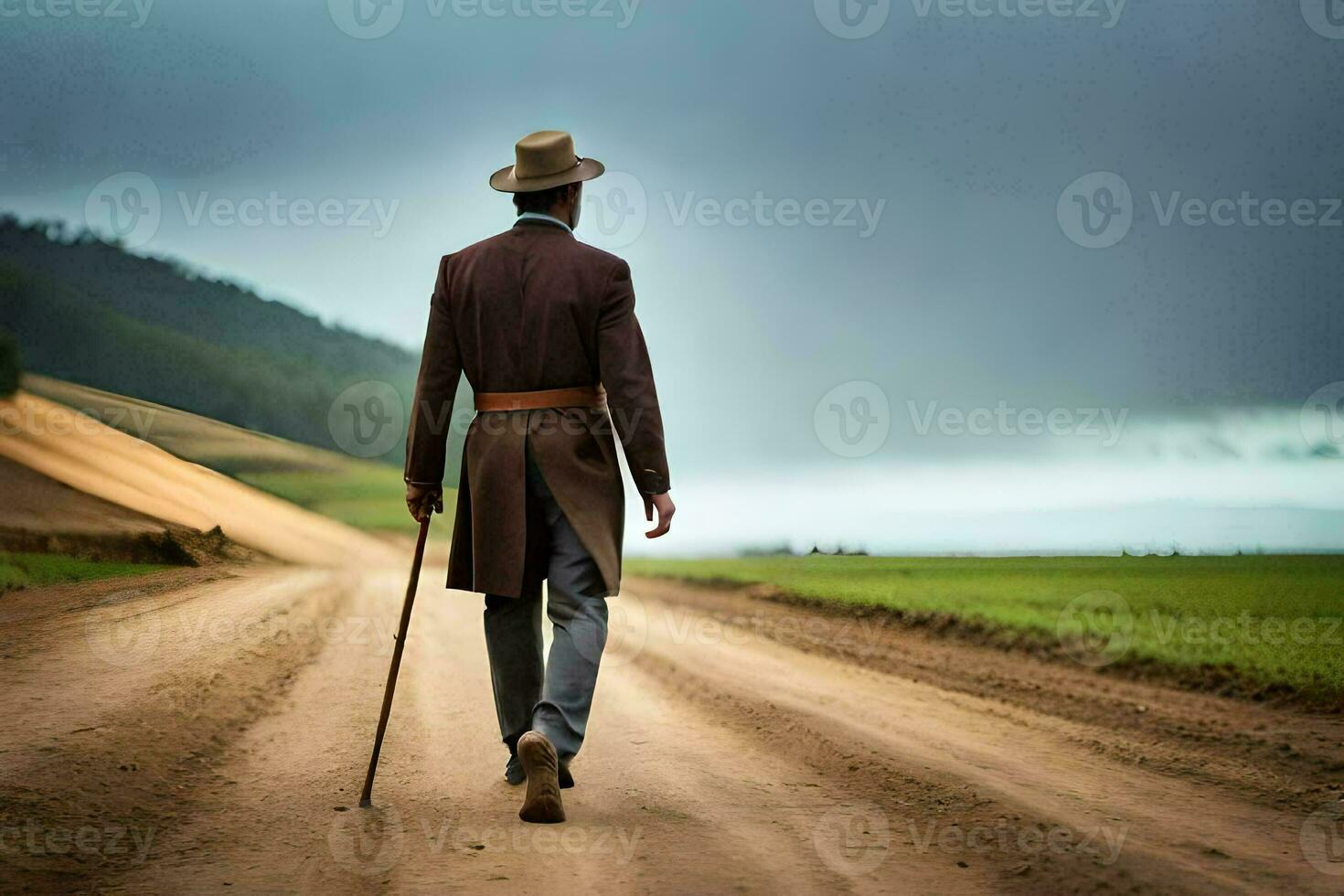 a man in a suit and hat walking down a dirt road. AI-Generated photo