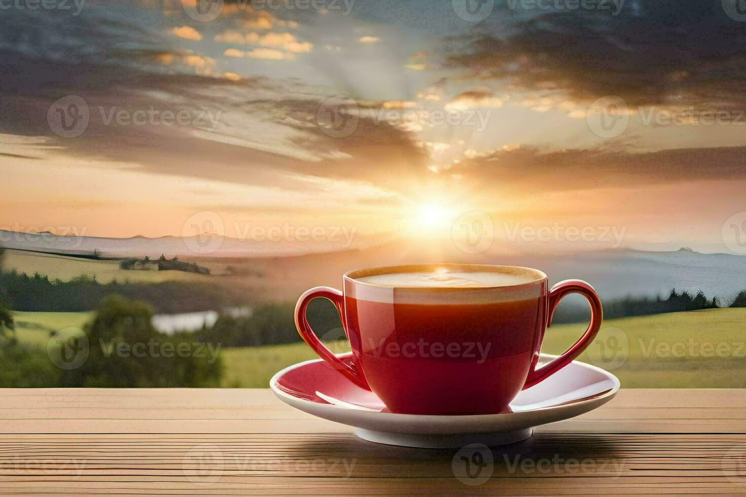 a cup of coffee on a wooden table in front of a beautiful sunset. AI-Generated photo