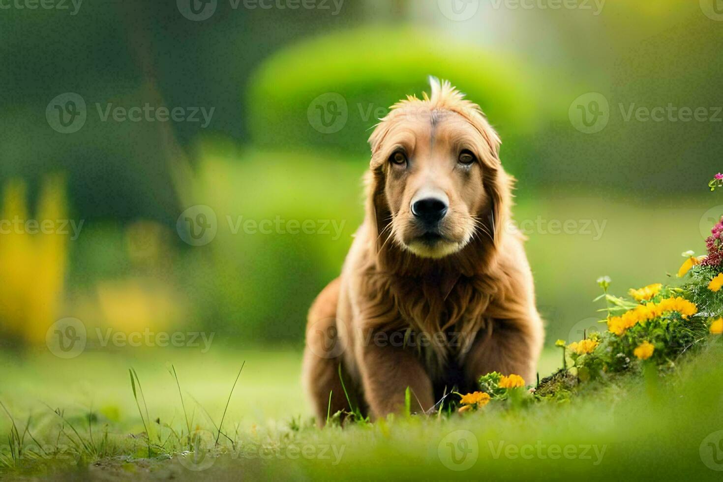 a golden retriever sitting in the grass. AI-Generated photo