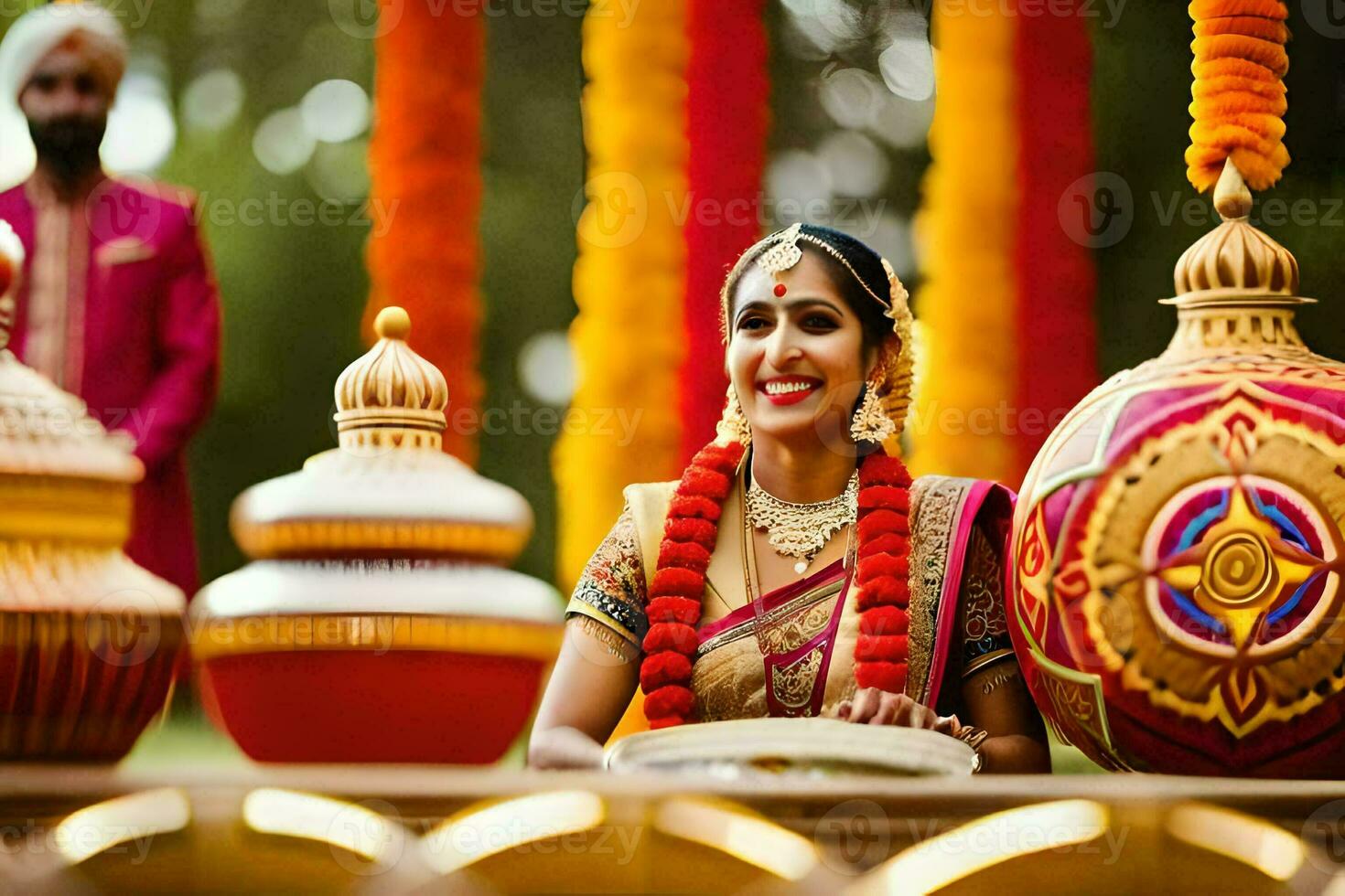 a bride and groom in traditional indian attire. AI-Generated photo