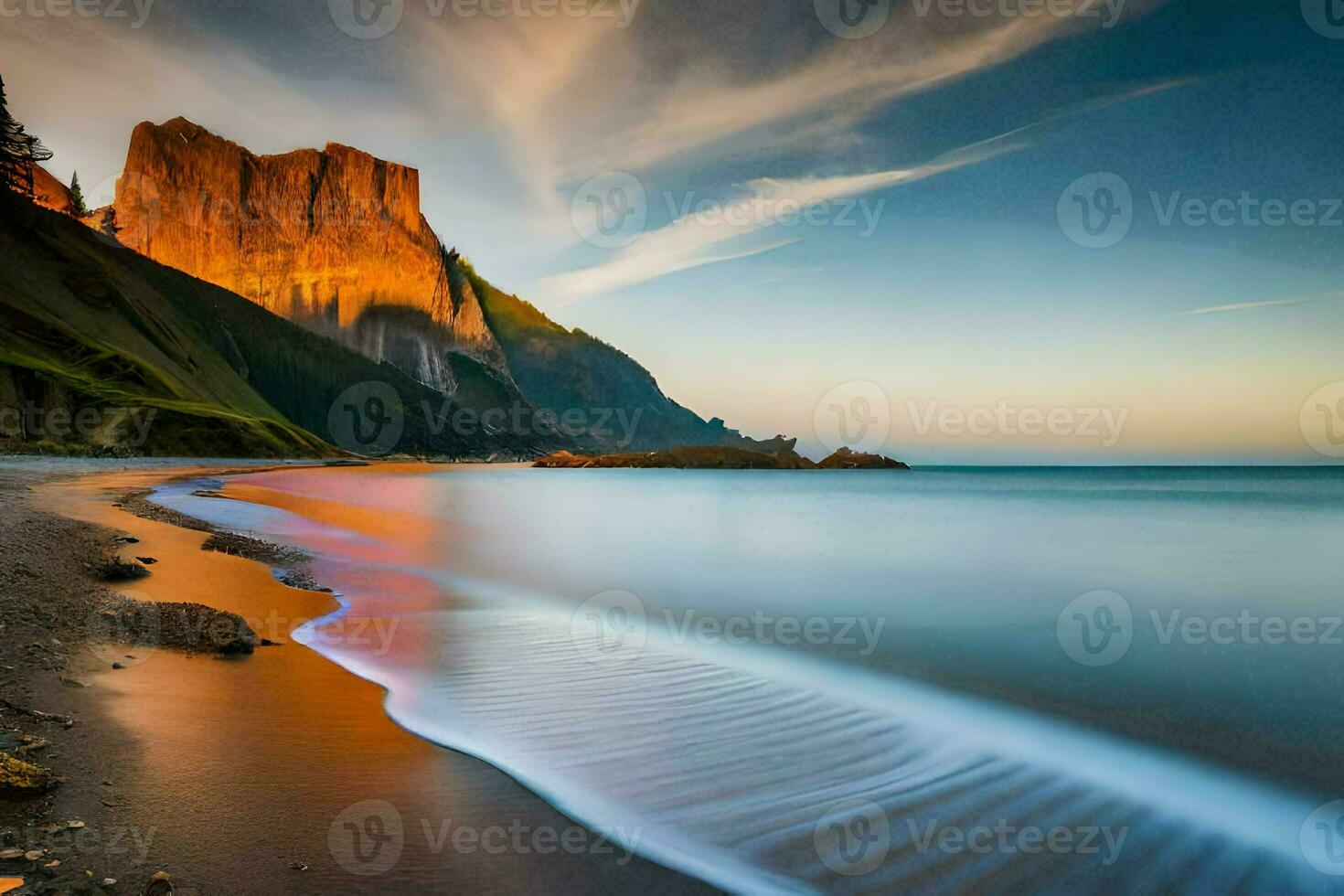 the beach at sunset with waves and rocks. AI-Generated photo